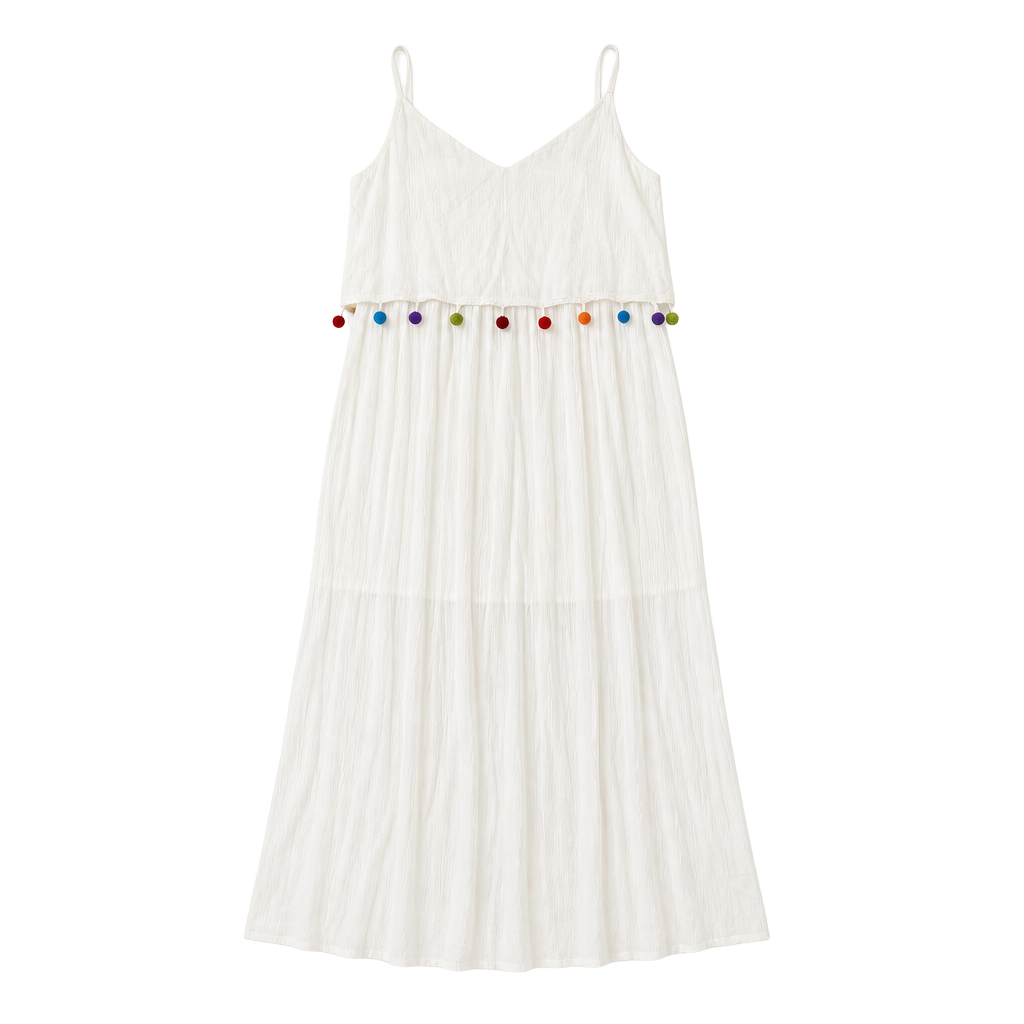 Perfect Bridal or Summer Hint of Blush White Pom Pom Maxi Dress Size S 1