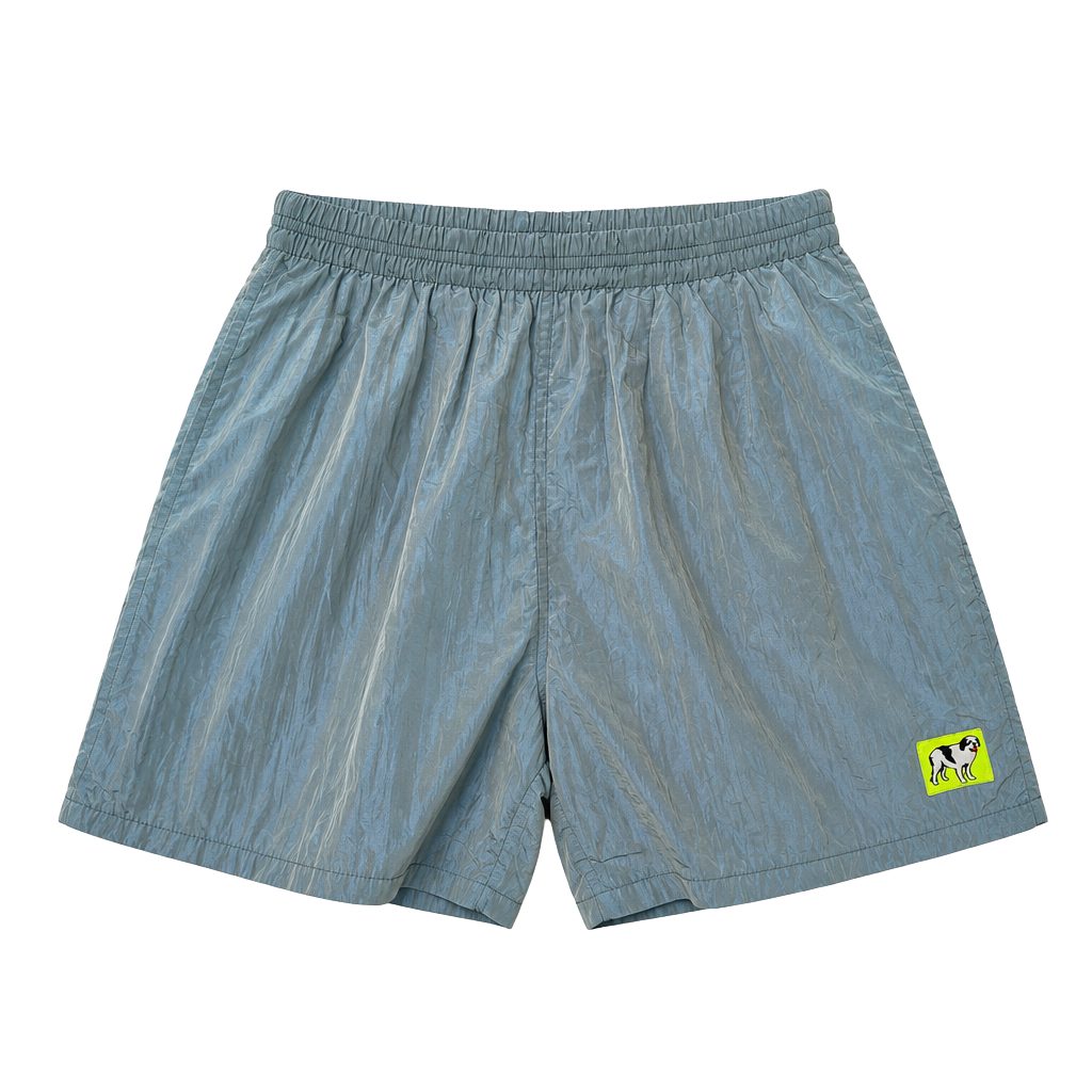 Vintage Nylon Blue Surf Shorts with Dog Graphic Patch Size M 1