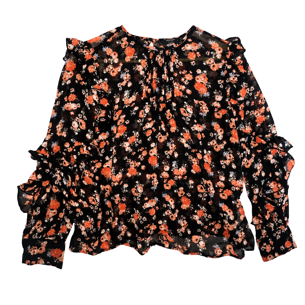 Lucky Brand Womens Black Floral Print Ruffled Long Sleeve Chiffon Blouse 1
