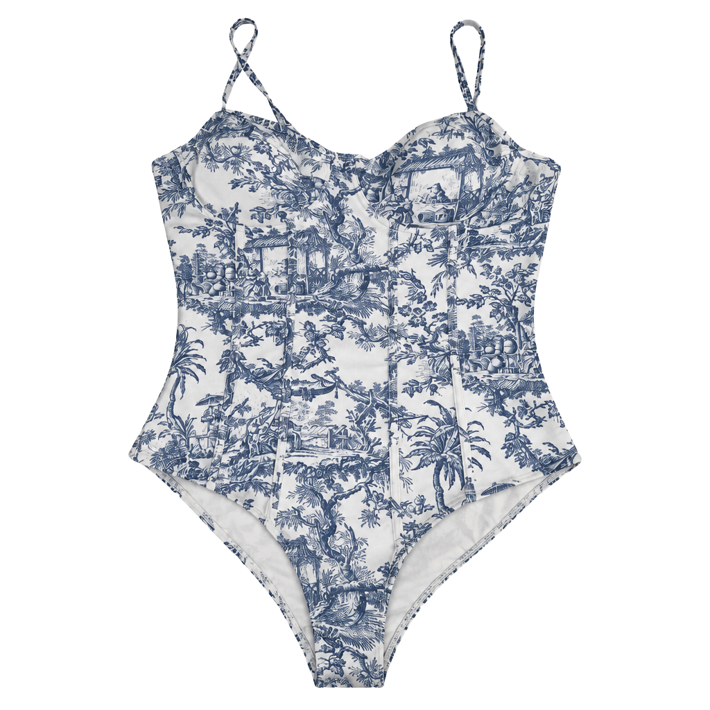 Cider Chinoiserie Print One-Piece Swimsuit Size XL Blue Toile 1