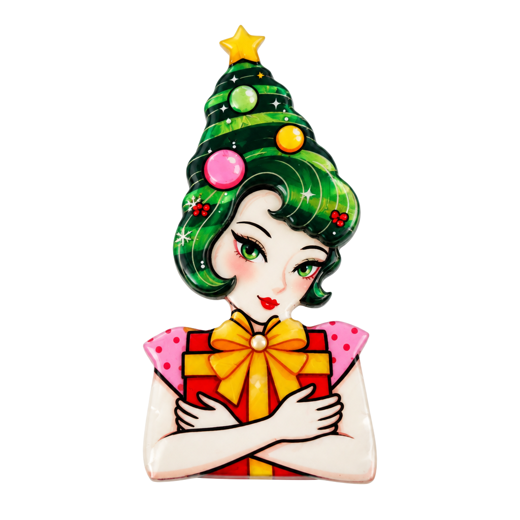 Kitsch Quirky Retro Christmas Tree Lady Statement Acrylic Brooch Pin Kawaii 1