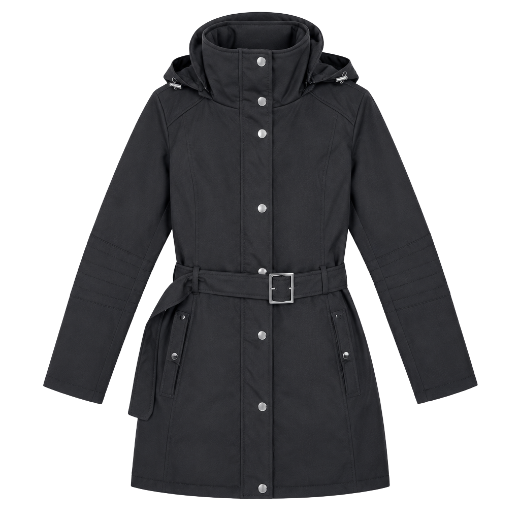 Roz & Ali Women’s Black Belted Coat XL Detachable Hood Zip Snap Jacket 1