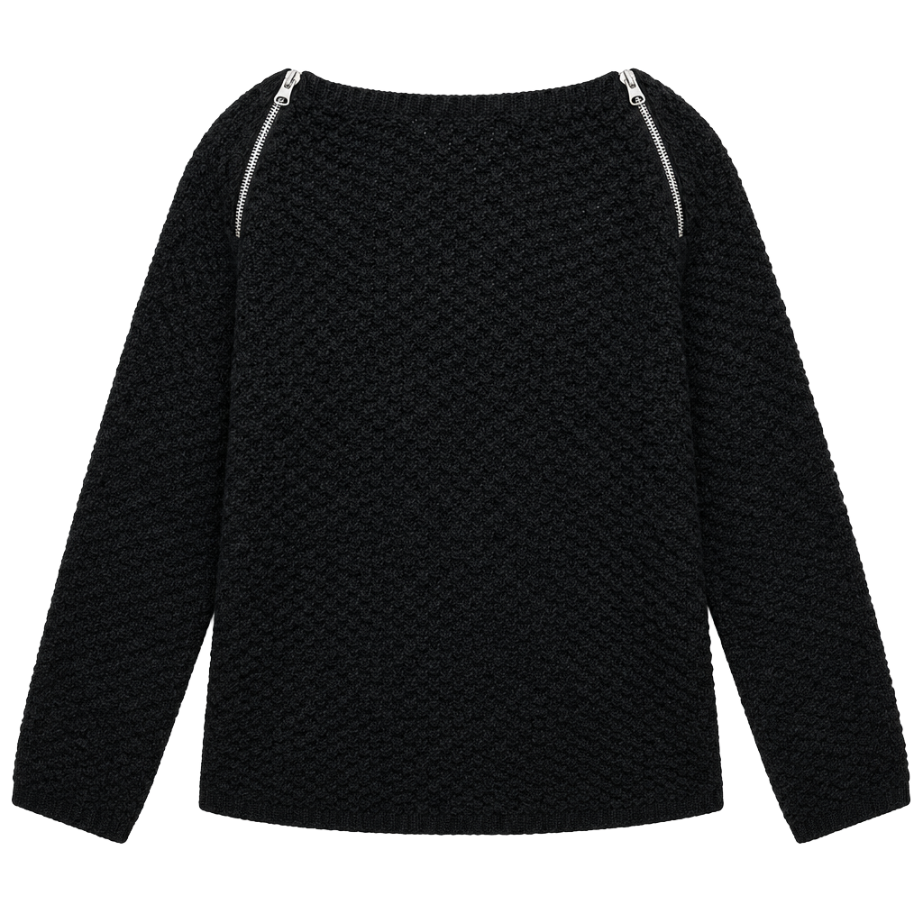 Karen Hart Sweater Size L Black Textured Zip Shoulder 1