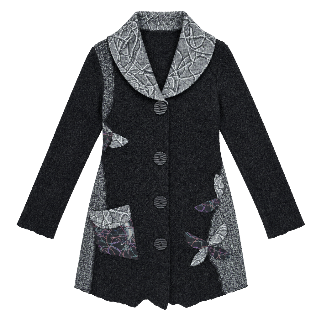 Vandana Women’s Large Black Patchwork Art Sweater Cardigan – Long Tunic 1