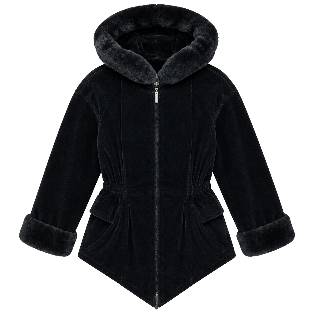 Gallery Velvet Coat Size L Black Faux Fur Hood 1