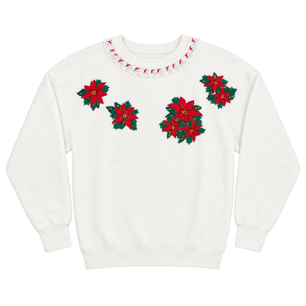 Vintage Homemade Granny-core Christmas Sweatshirt White Santa Poinsettia XL 1