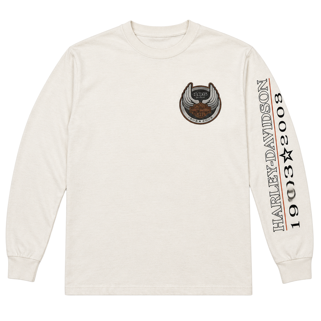 Vintage Y2K Harley-Davidson 105 Years Long Sleeve T-Shirt Size 2XL White 1