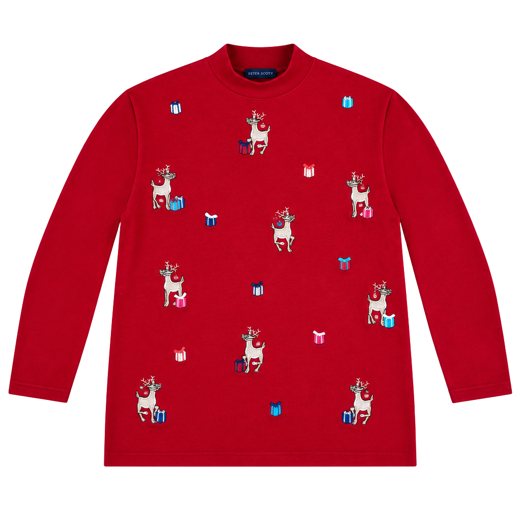 Karen Scott Reindeer Christmas Mock Neck Top Size M Red Embroidered 1