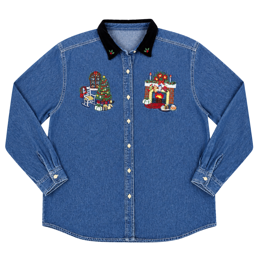 Vintage Bobbie Brooks Christmas Embroidered Denim Shirt Size 16/18 1