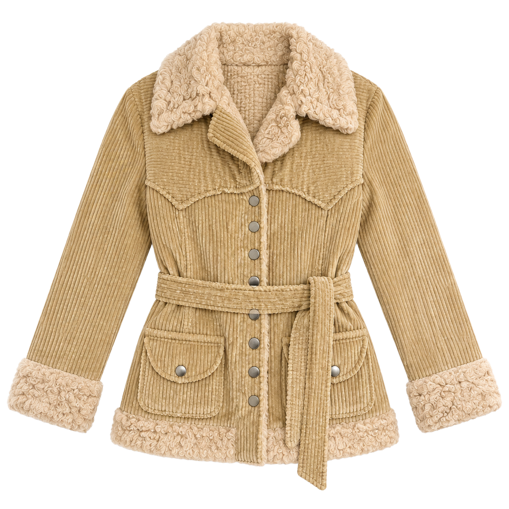 Vintage 70s Tan Corduroy Sherpa Lined Belted Jacket Coat Snap Front Japan Made 1