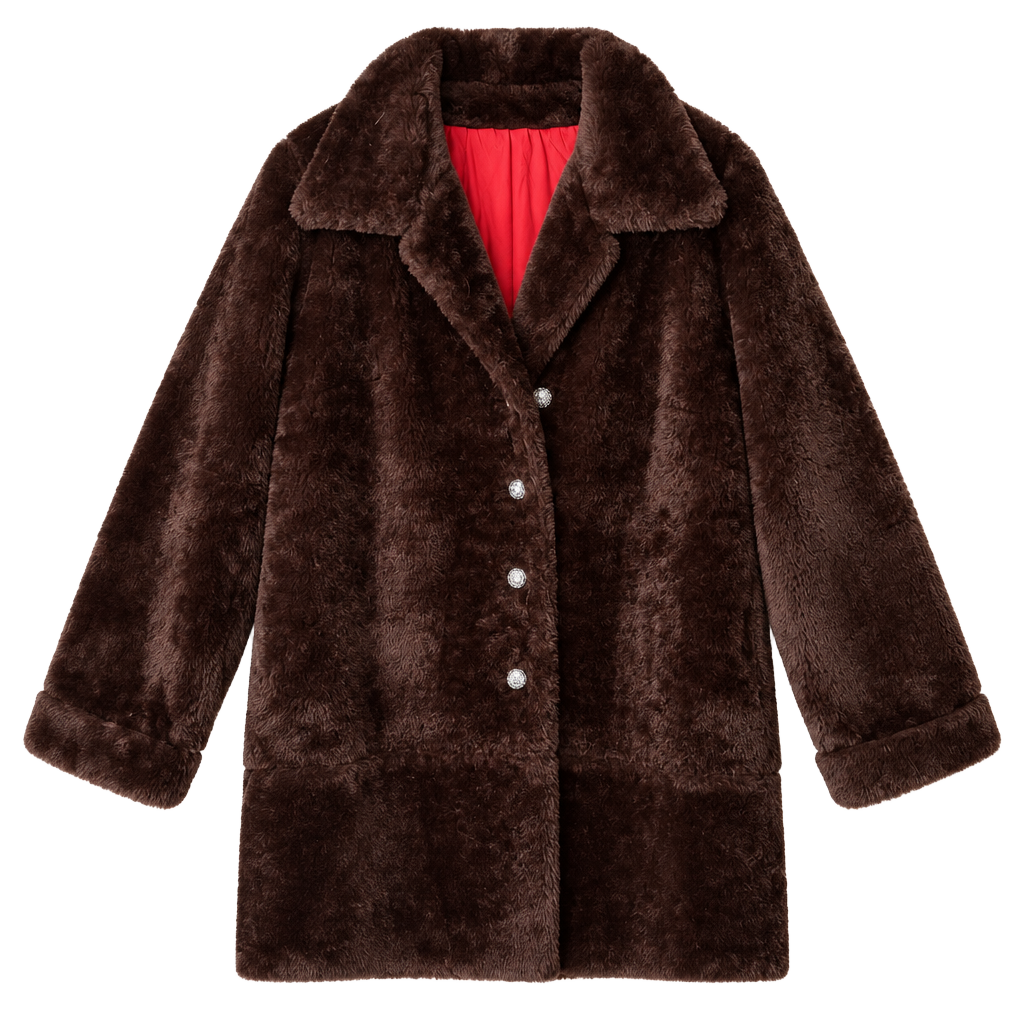 Vintage Chocolate Brown Plush Faux Fur Jacket Statement Collar Red Lining M 1