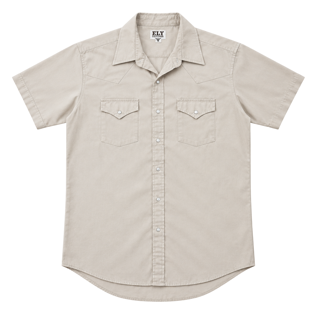 Ely Cattleman Western Shirt Size 17 Tan Short Sleeve Pearl Snap 1
