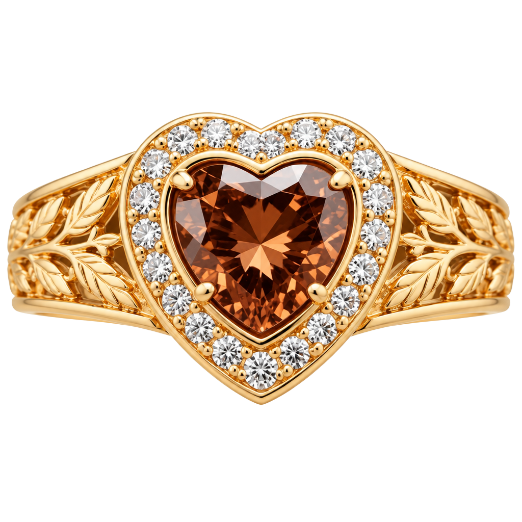 Gold Heart Ring with Brown Center Stone and Clear Accent Stones 1