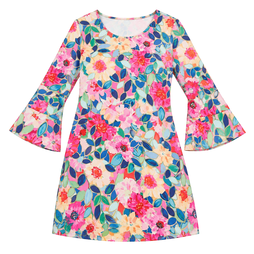 Unbranded Floral Bell Sleeve Dress Size M Multicolor Polyester 1