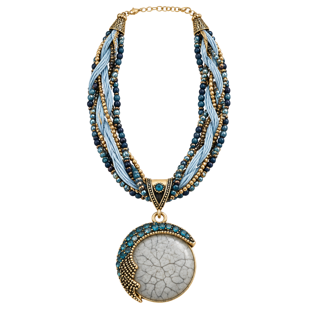 Mtlee Bohemian Blue and Gold Braided Statement Necklace EUC 1