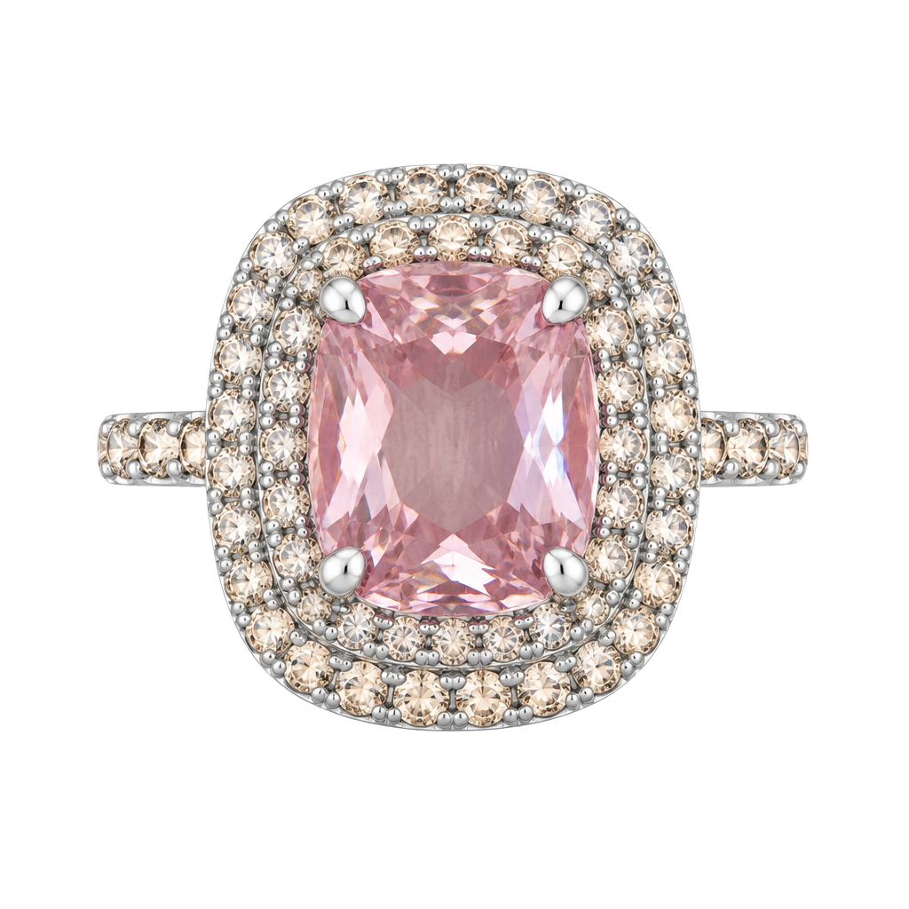 Silver with Pink & White Crystals Halo Statement Ring - Size 8 1