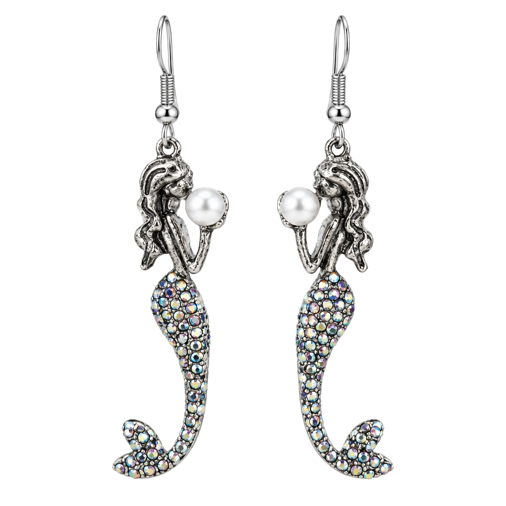 Silver Plated Mermaid Drop Earrings with Pearl and Multicolor Crystals 1