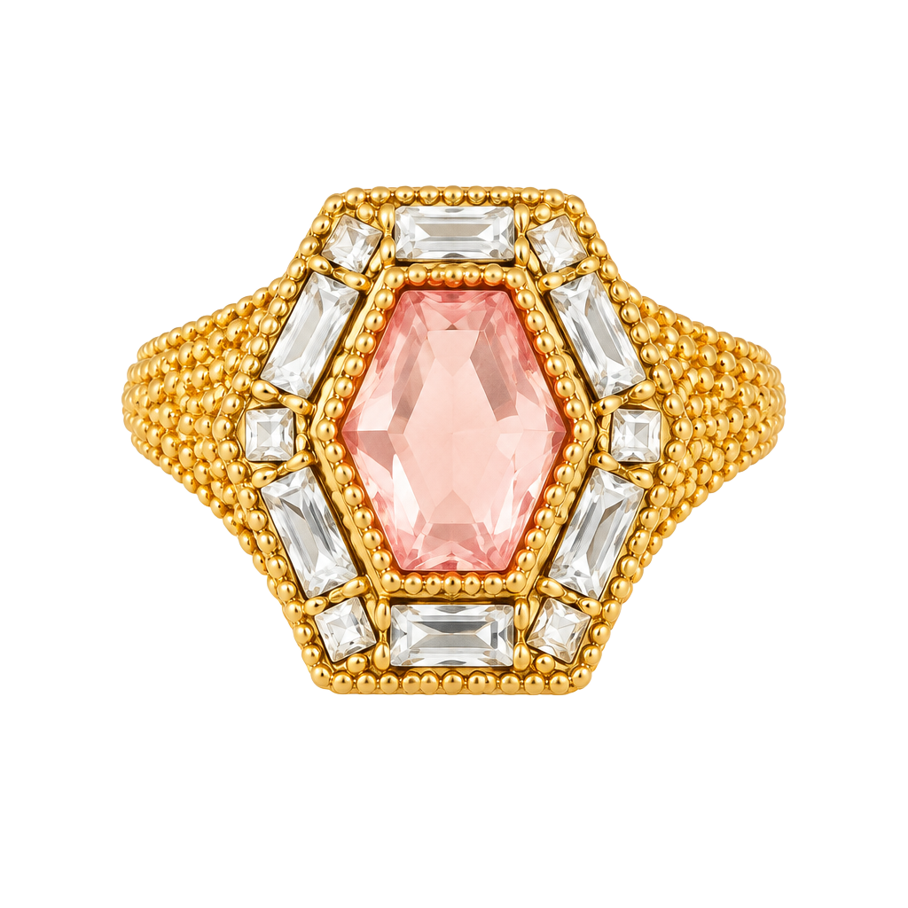 Shimmer By Cindy Art Deco Ring Pink Stone Gold Size 9 1