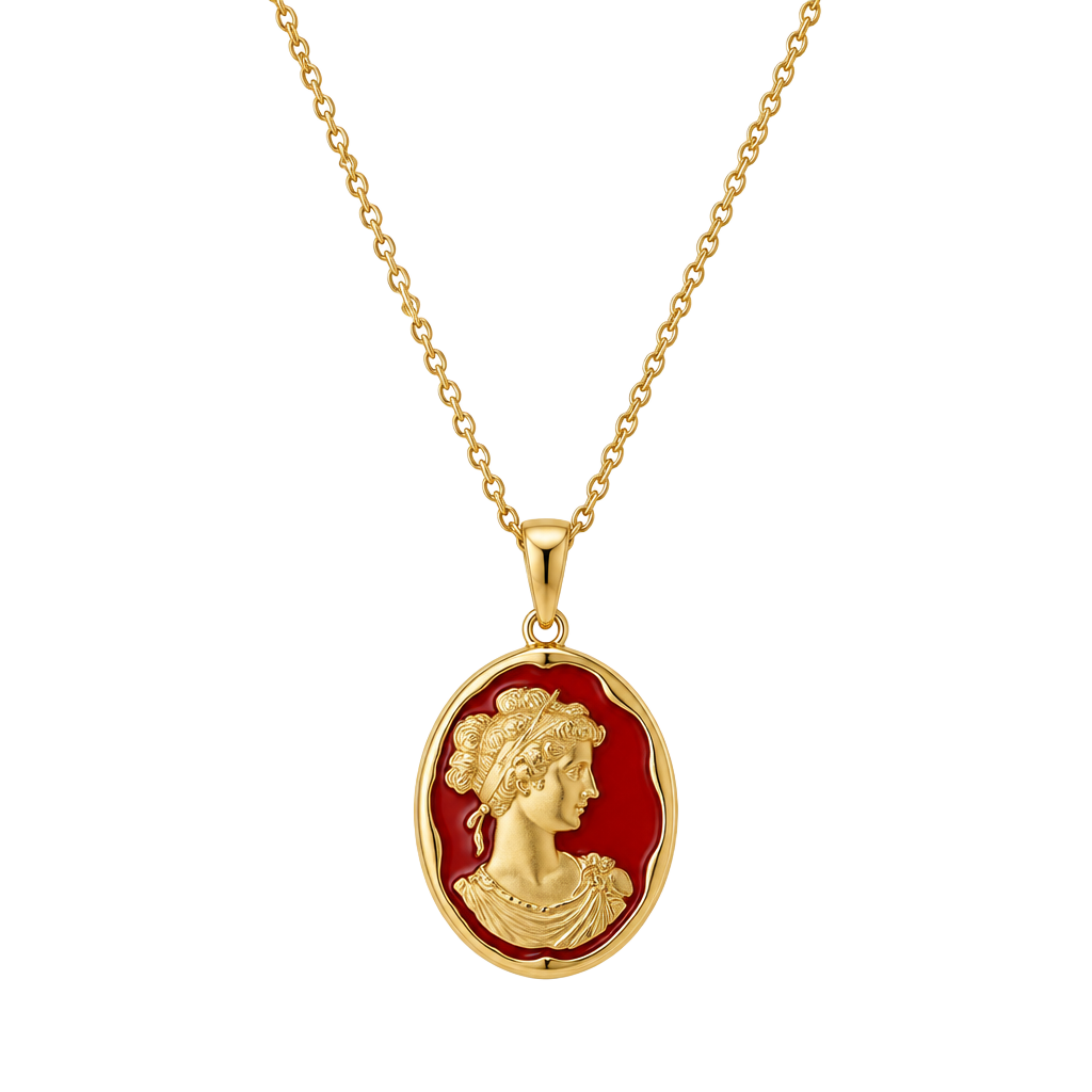 Gold-Tone Red Cameo Pendant Necklace - Stainless Steel NWT 1