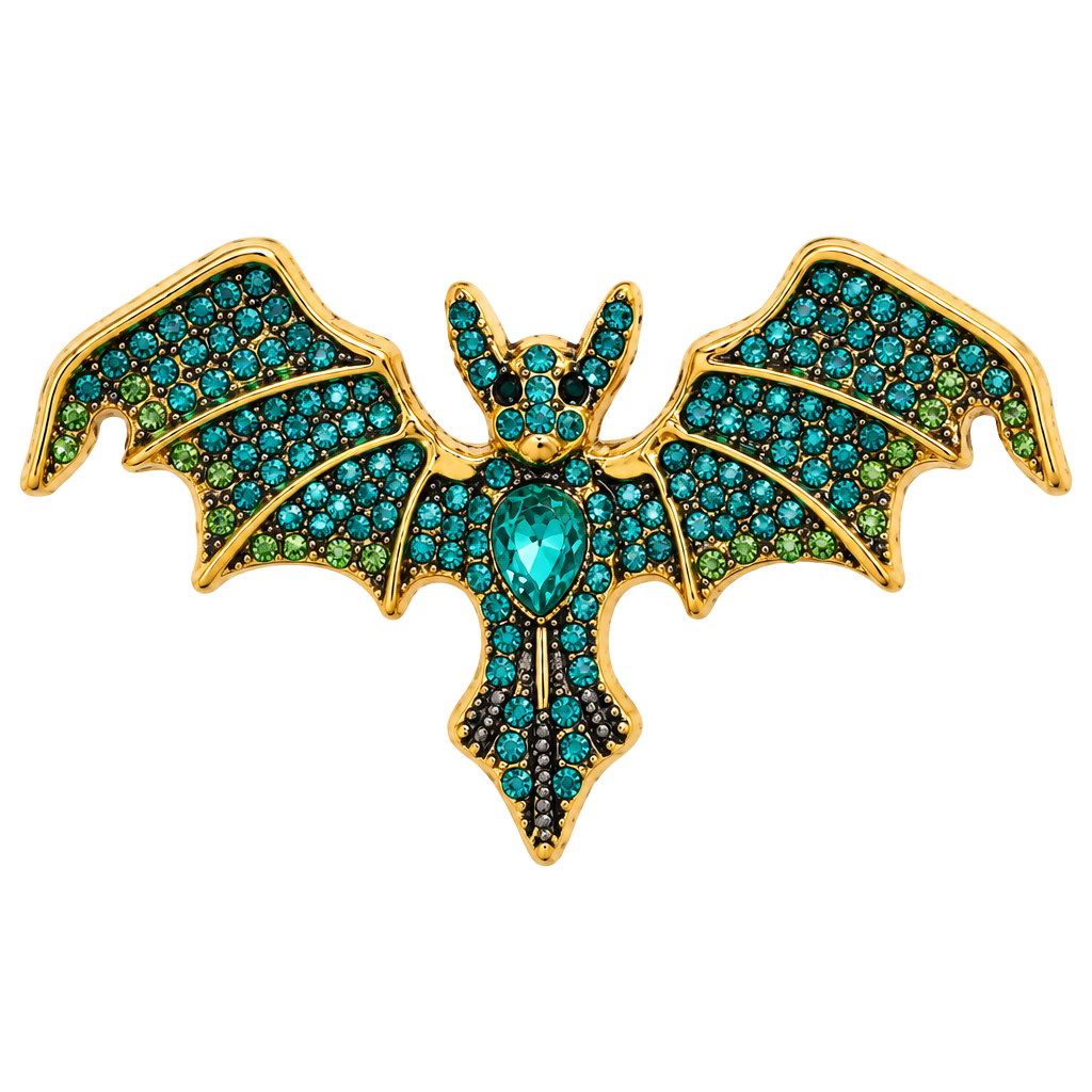 Unbranded Gold Tone Green Rhinestone Bat Brooch Pin Halloween 1