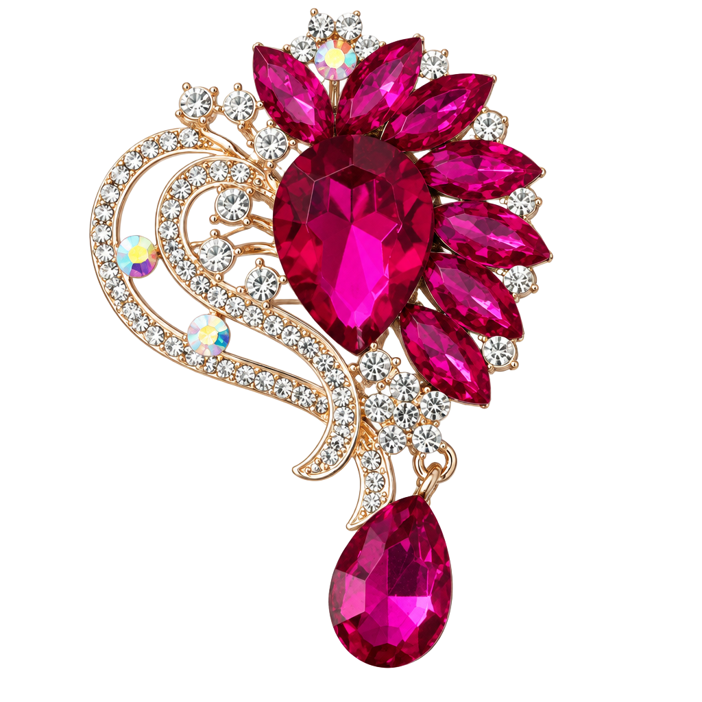 Vintage Fuchsia & White Crystal Floral Statement Brooch with DROP EUC 1