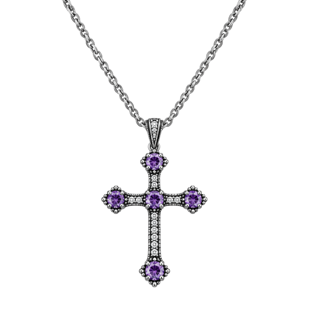 FAS Sterling Silver Chain Cross Necklace with Amethyst Stones 1