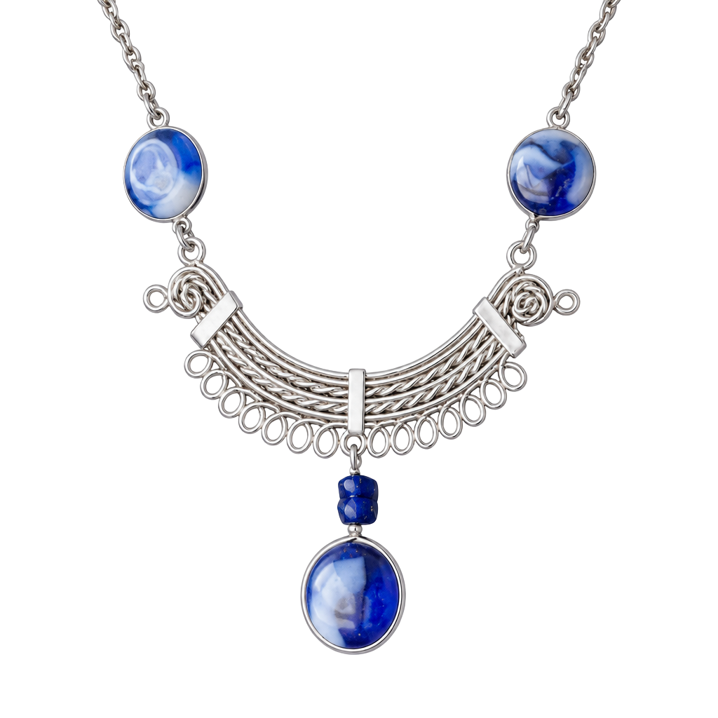 Silver-Tone Scroll Necklace with Blue Marble Accents 1