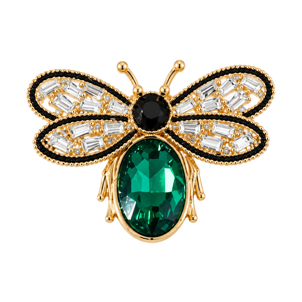 Vintage Gold Bee Brooch with Emerald Green Crystal Accent 1