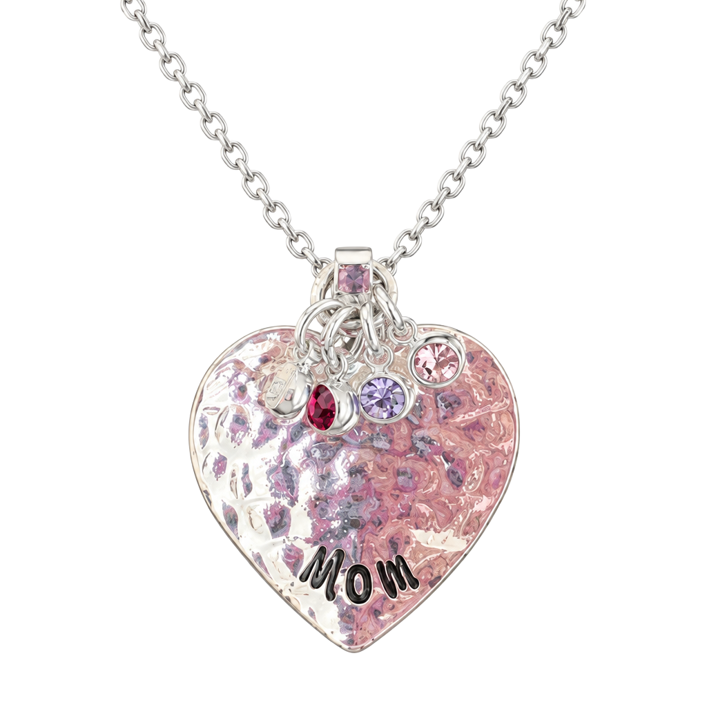Avon VINTAGE Silver Heart Mom Necklace w/ Pink, White, Red, & Blue Stones NIB 1