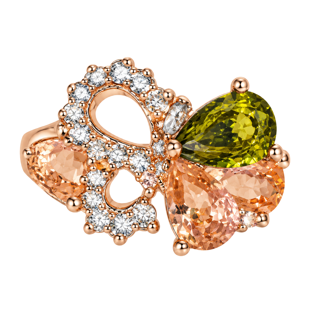 Unique Rose Gold Butterfly Ring with Pink and Olive Stones 1