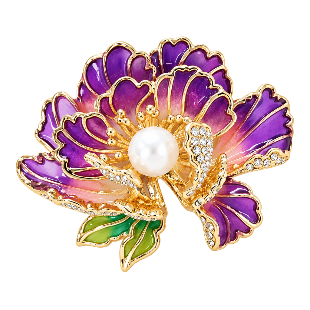 Elegant Floral Peony Brooch Pin Purple Enamel Gold Plated Pearl 1