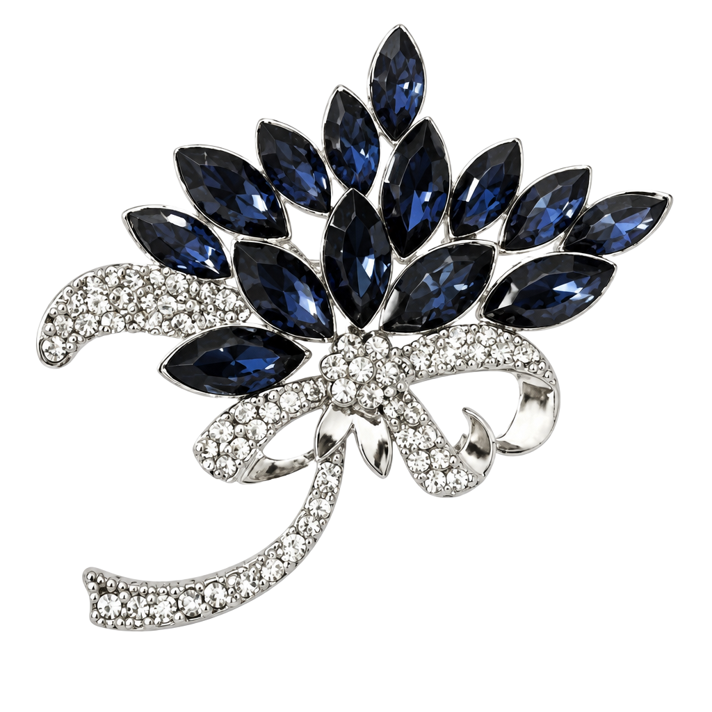 Vintage Rhinestone Leaf Cluster Brooch with Dark Blue Marquise Stones EUC 1