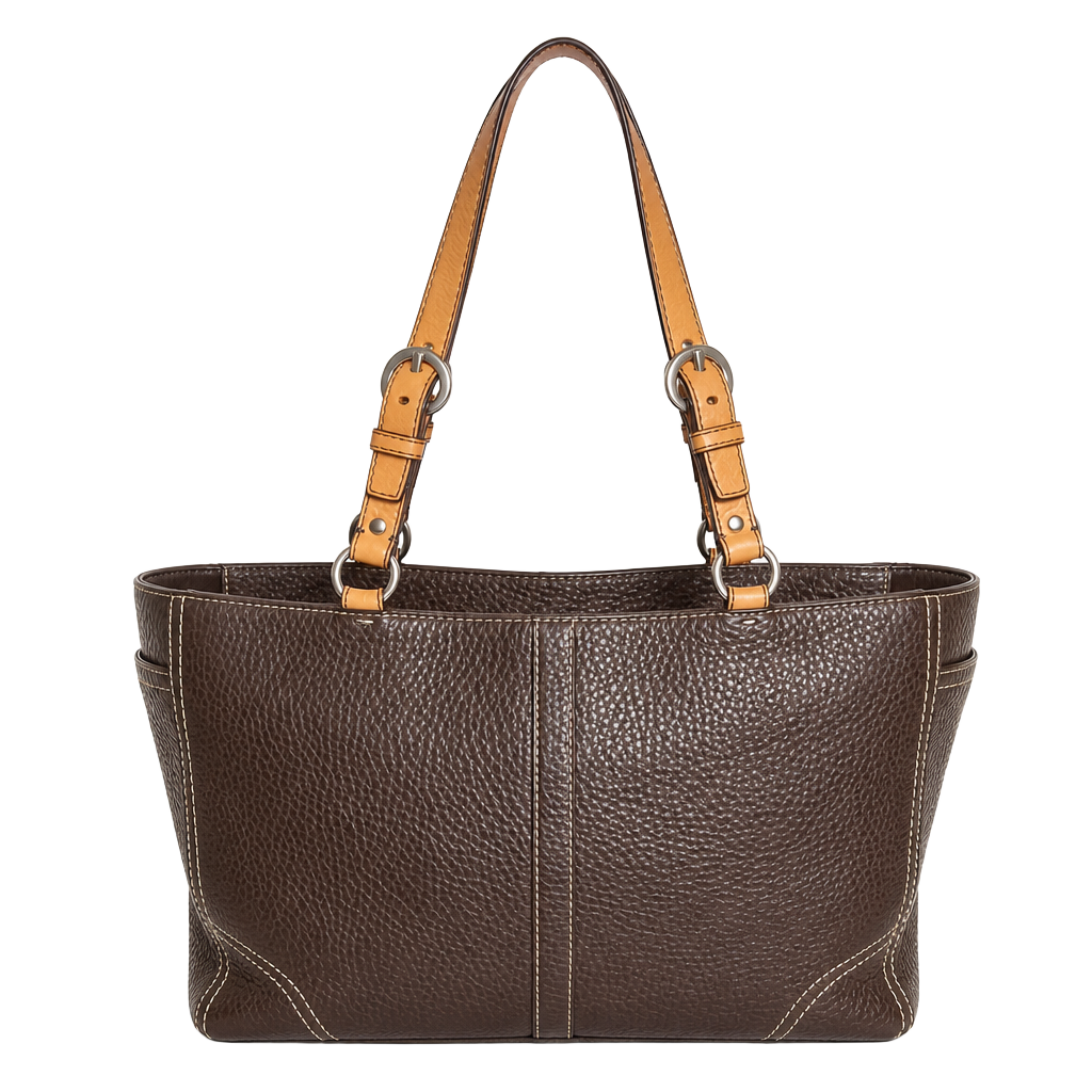 Coach Brown Pebbled Leather Tote Handbag with Tan Straps and Silver Hardware 1