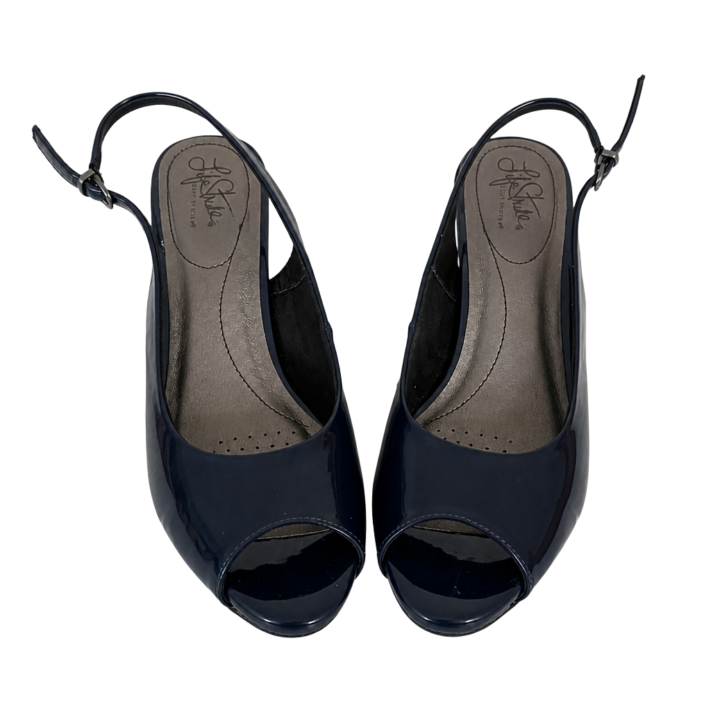 LifeStride Teller Inky Navy Patent Peep Toe Slingback Heels 1