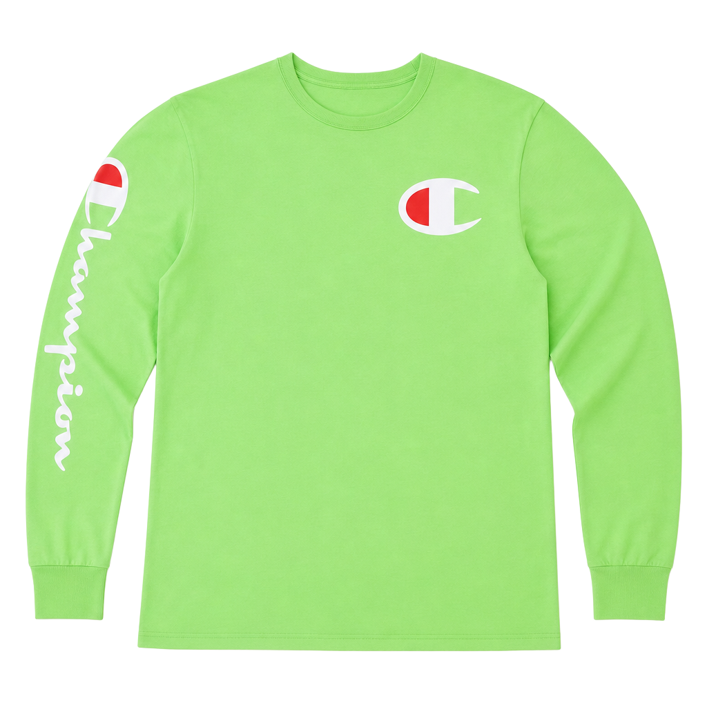 Champion Men's Lime Green Long Sleeve Graphic T-Shirt with Logo Chest 1