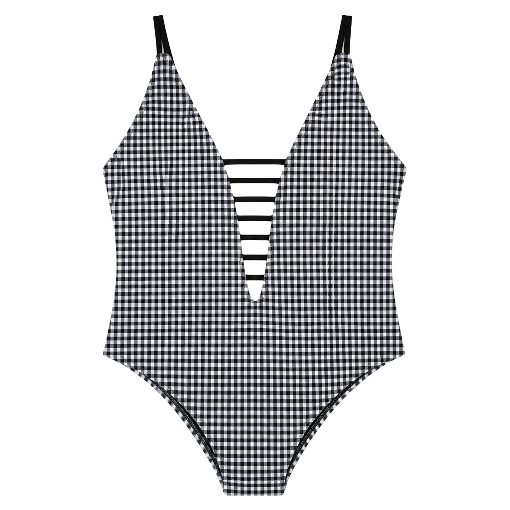 Time and Tru Black and White Gingham Strappy V-Neck One-Piece Swimsuit, Size Large (12-14) 1