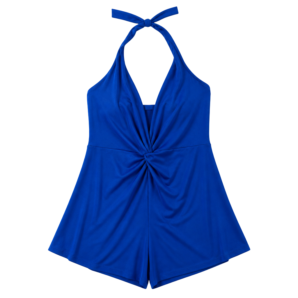 BloomChic Twist Front Pockets Swim Romper, Royal Blue 1