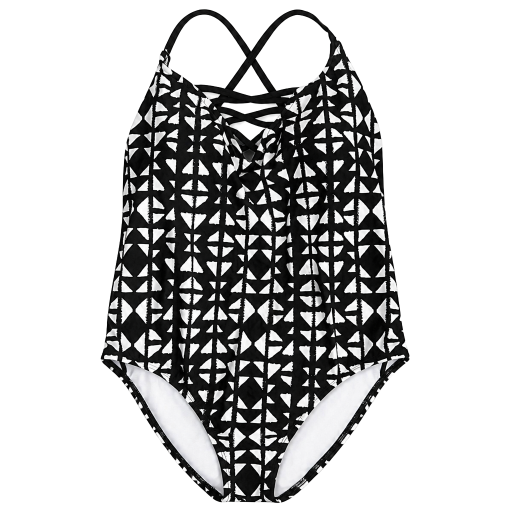 Time and Tru One-Piece Swimsuit Women's Size XL Black/White Moon Gaze Strappy H2 1