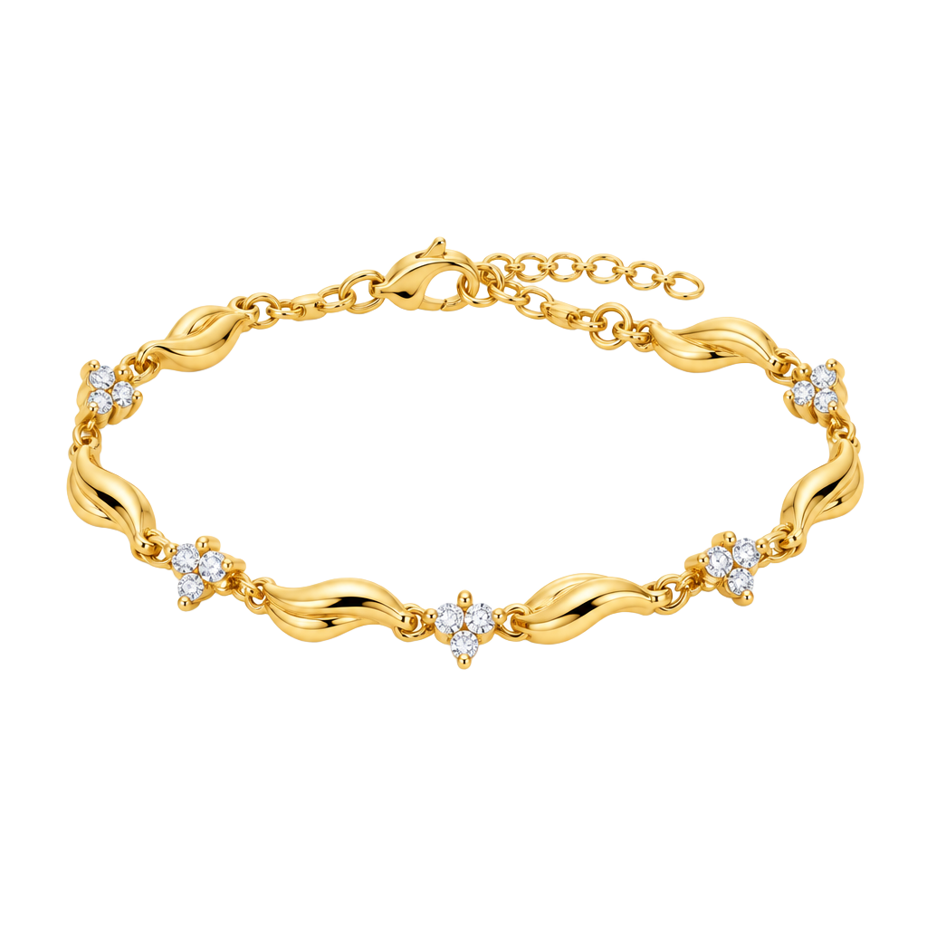 Stainless Steel Gold Wavy CZ Charm Bracelet - Gold 1