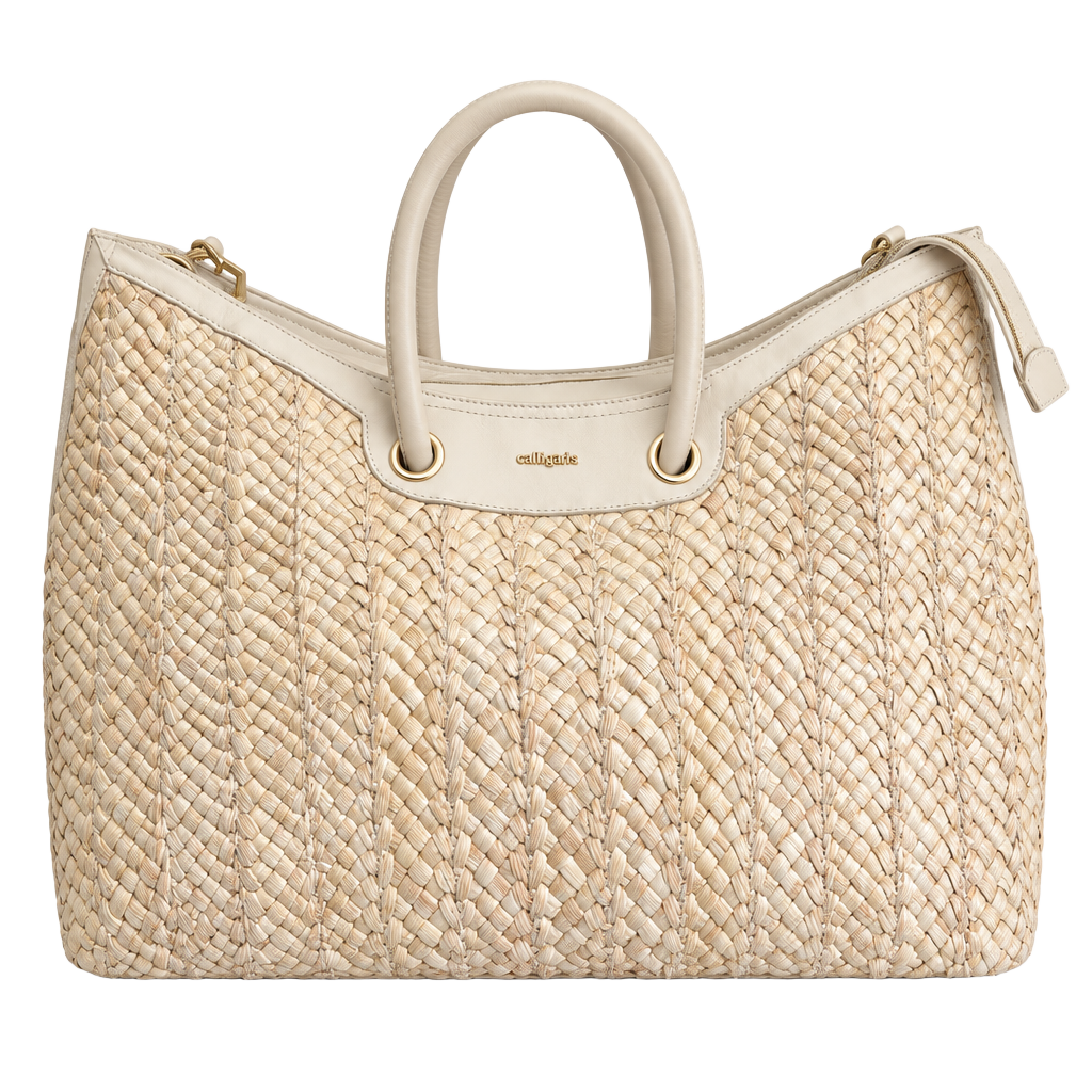 Cult Gaia Woven Straw Leather Trim Handbag Cream 1