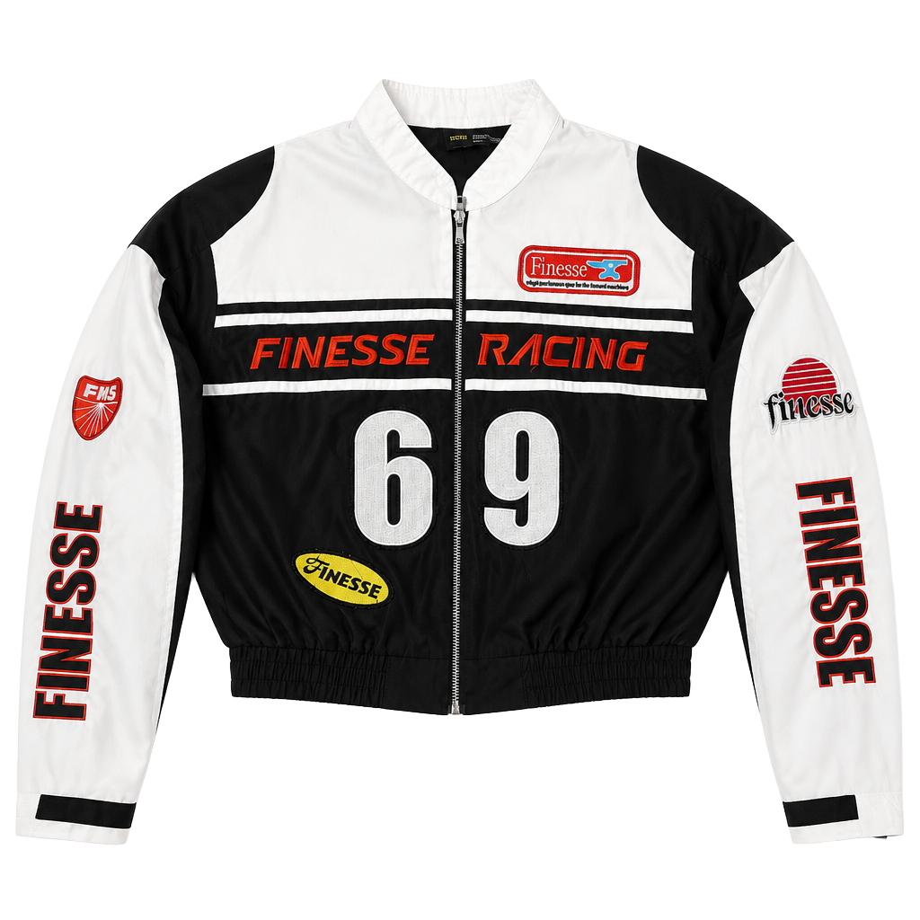Finesse Black Racing Moto Jacket Size XL Cropped Zip-Up 1