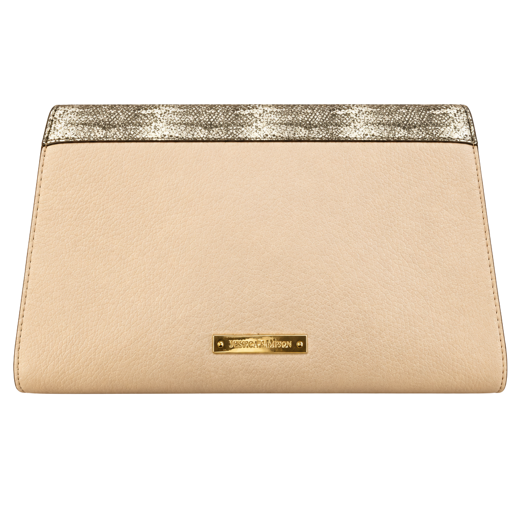 Vince Camuto Clutch Bag Beige Snakeskin Trim Gold Hardware 1