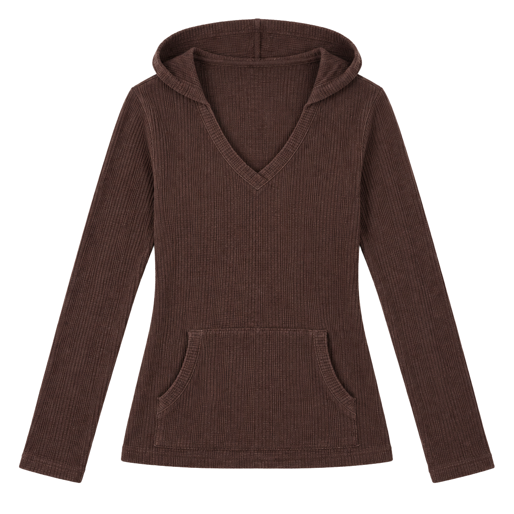 Axcess Waffle Knit Hoodie Size L Brown V-Neck Long Sleeve Pocket 1