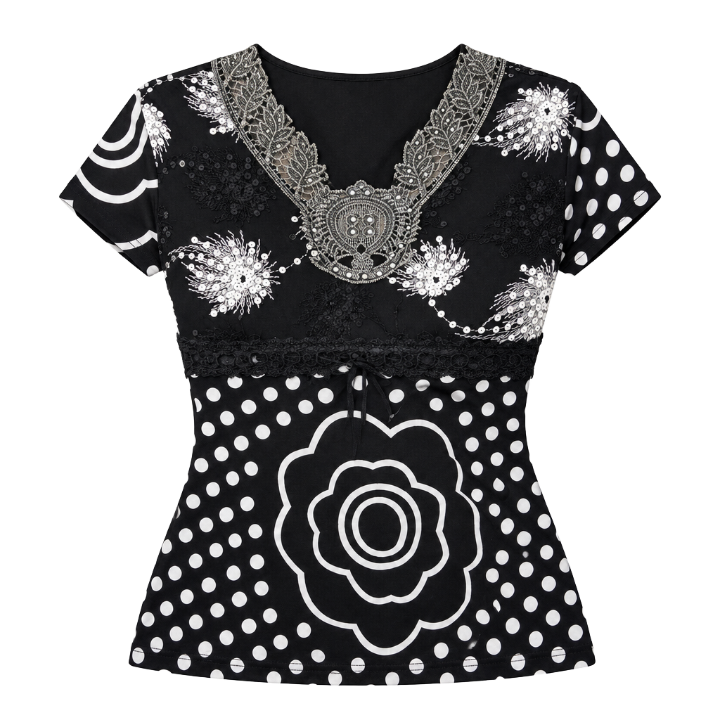 Black and White Y2K Embellished Dot Floral Blouse 1