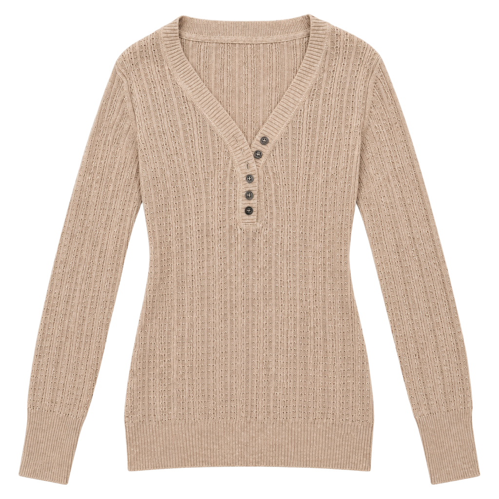 Sonoma Life+Style Ribbed Henley Sweater Size L Beige Long Sleeve V-Neck 1