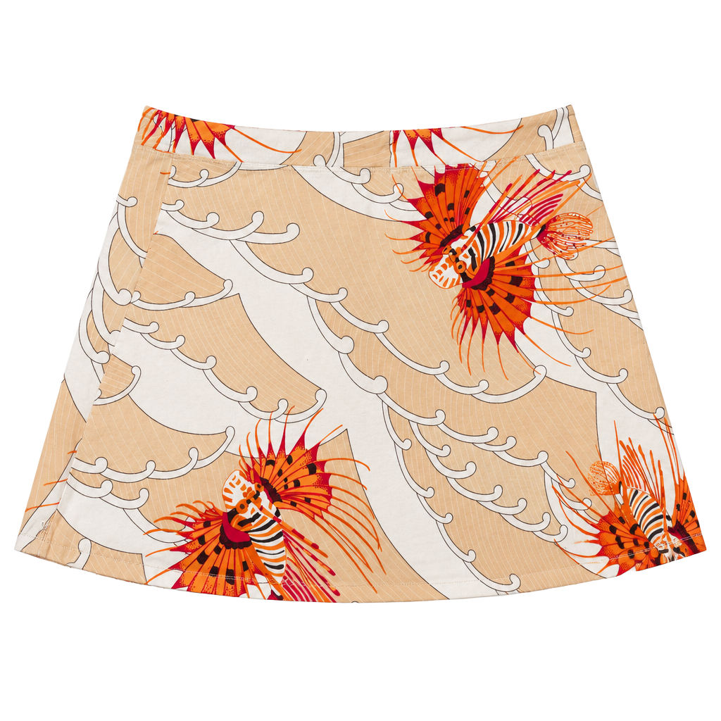Vintage Lionfish Print Drawstring Skirt Orange Beige 1