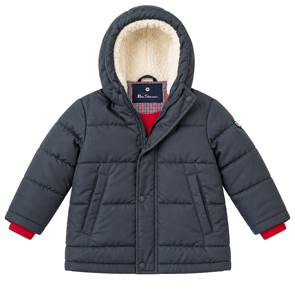 Ben Sherman Black Puffer Jacket with Sherpa-Lined Hood 1