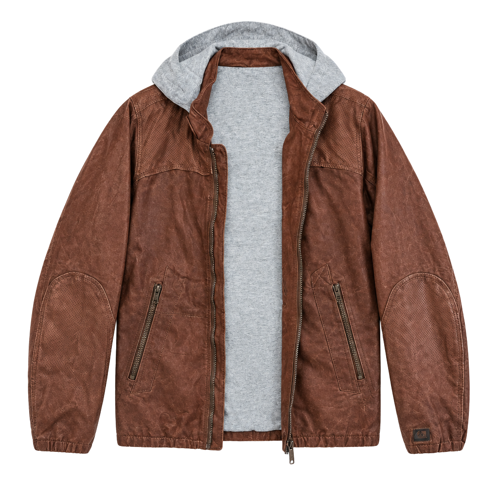 BOSS ORANGE Brown Leather Bomber with Gray Hood Liner 1