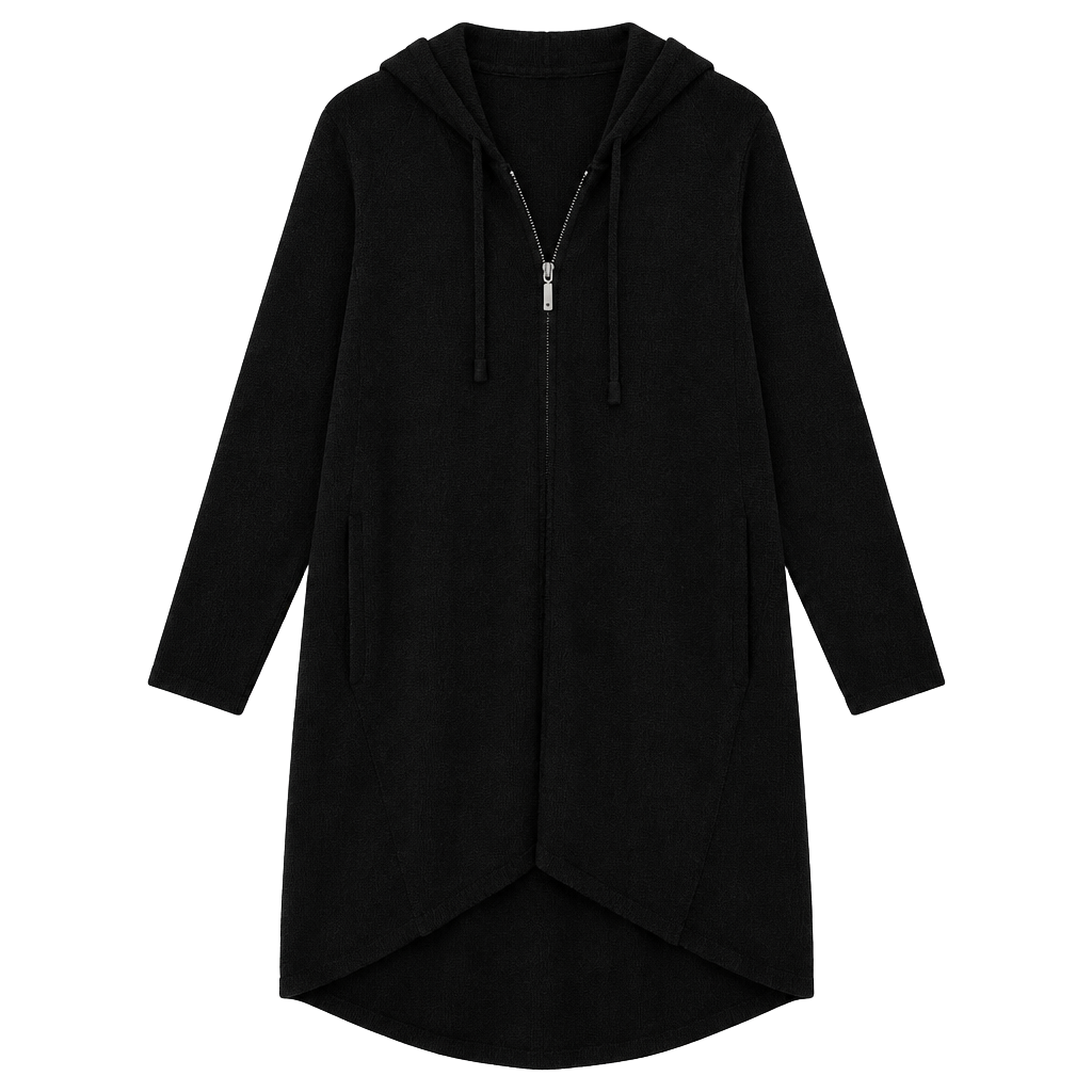 Black Hooded Zip-Front Longline Cardigan 1