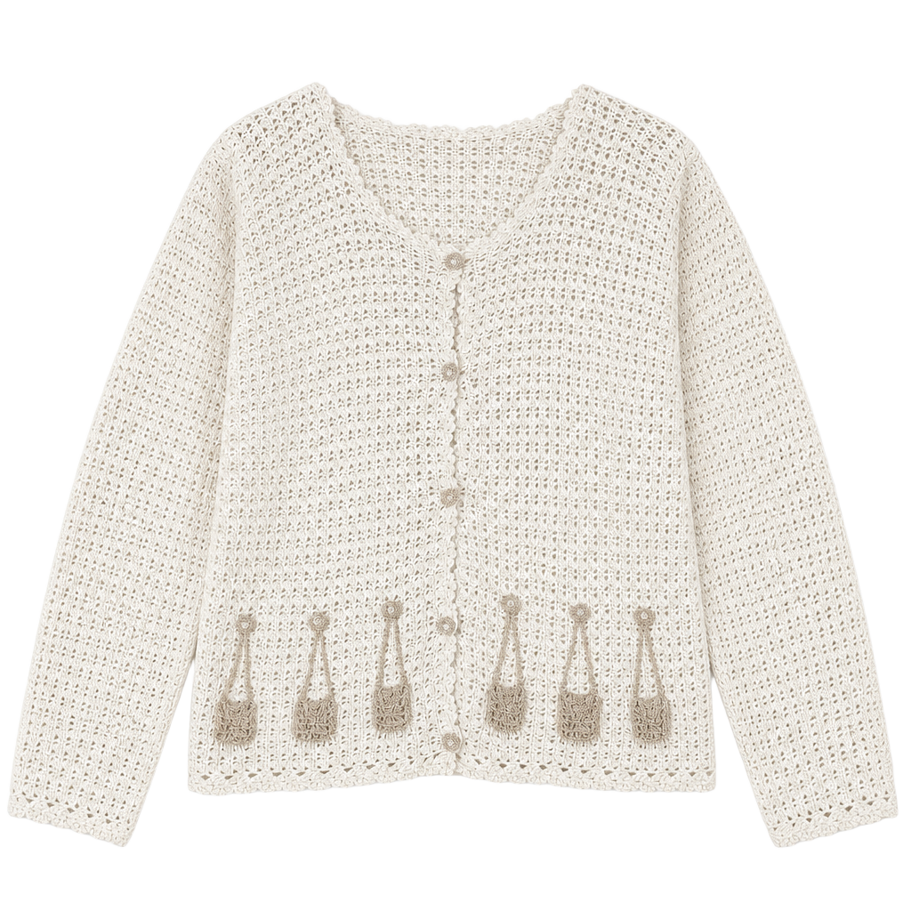 Vintage Mandal Bay Cream Crochet Knit Purse Applique Cardigan 1